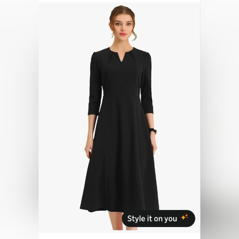 Allegra K Black Midi Dress with Three-Quarter Sleeves